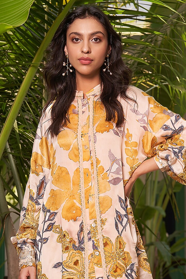 Yellow Cupro Satin Floral Printed Co-Ord Set by Varun Bahl at Pernia's Pop Up Shop