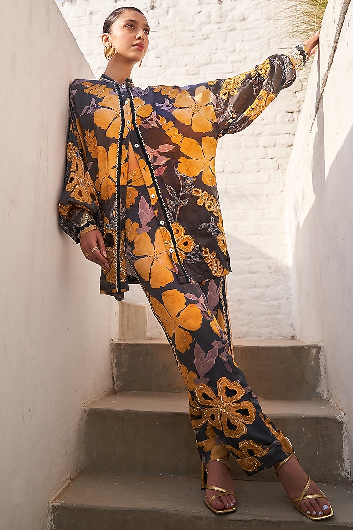 Grey & Mustard Cupro Satin Floral Printed Co-Ord Set by Varun Bahl at Pernia's Pop Up Shop