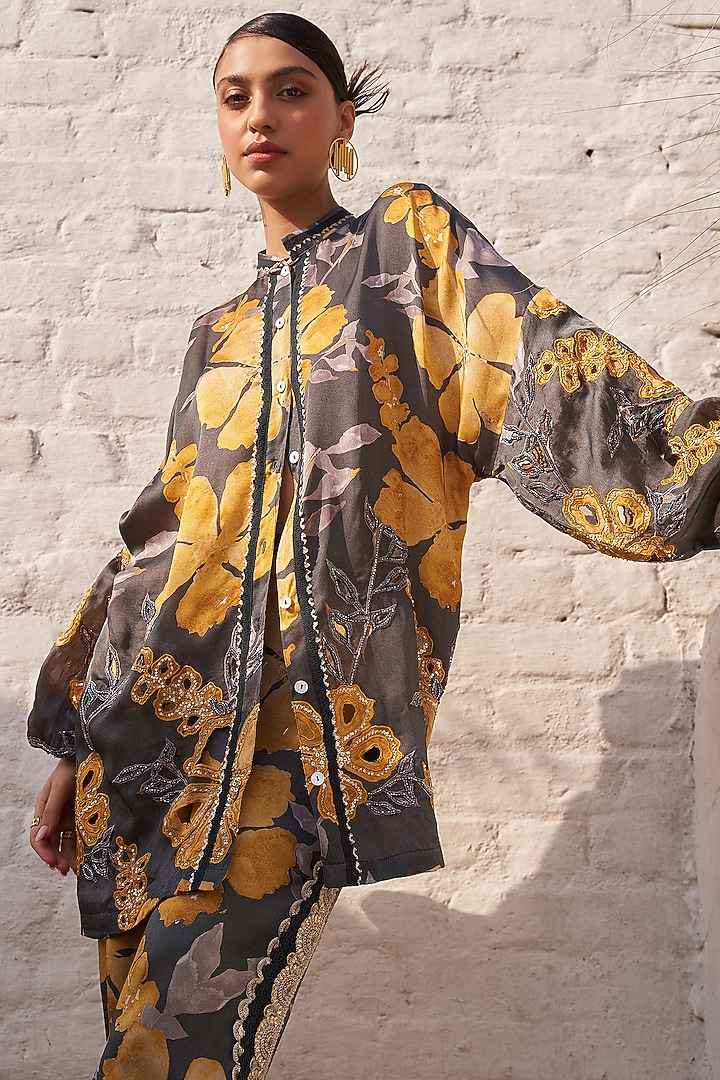 Grey & Mustard Cupro Satin Floral Printed Co-Ord Set by Varun Bahl at Pernia's Pop Up Shop
