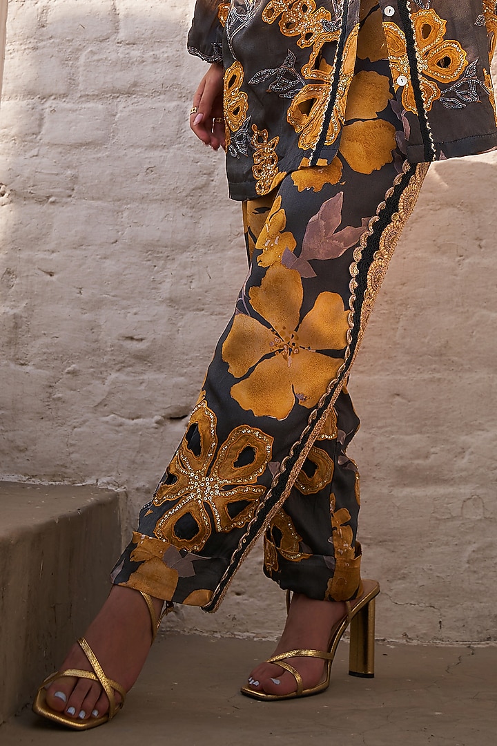 Grey & Mustard Cupro Satin Floral Printed Co-Ord Set by Varun Bahl at Pernia's Pop Up Shop