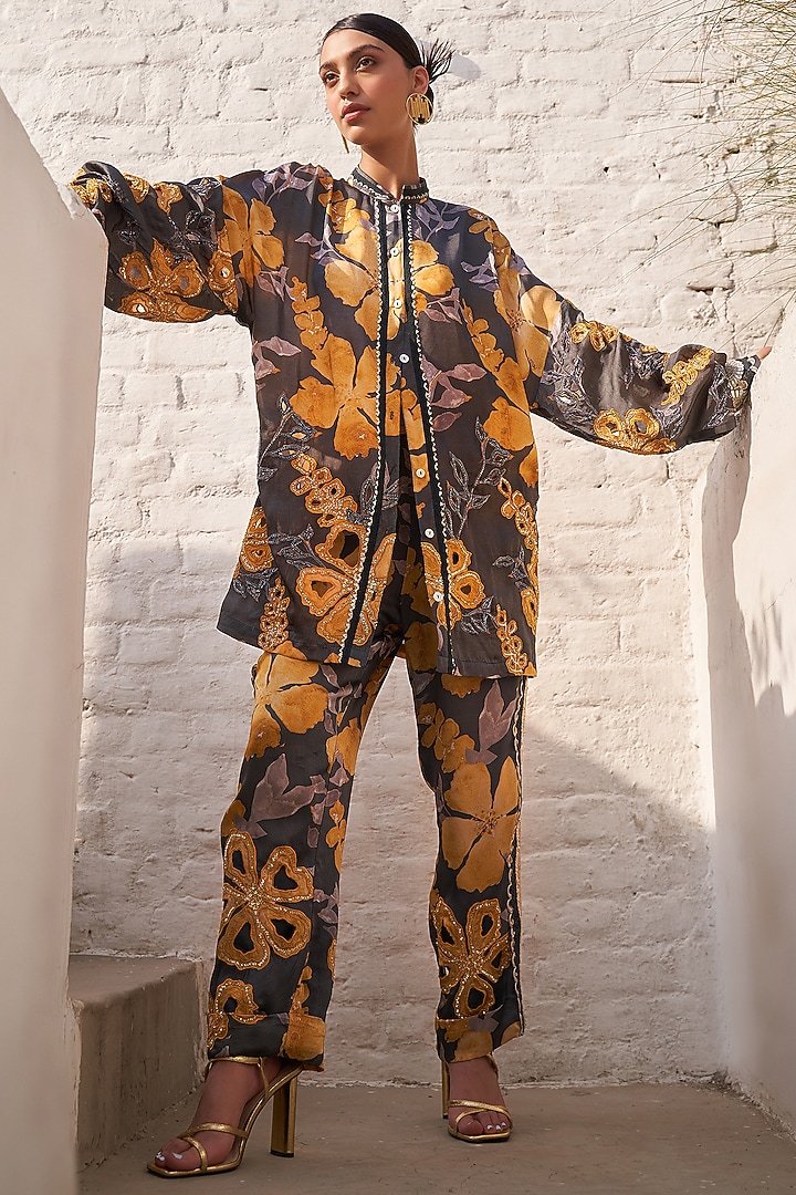 Grey & Mustard Cupro Satin Floral Printed Co-Ord Set by Varun Bahl at Pernia's Pop Up Shop