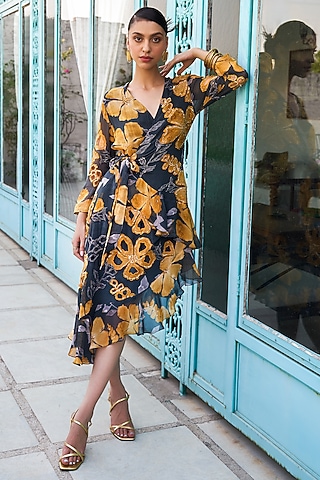 Grey & Mustard Georgette Floral Printed High-Low Wrap Dress by Varun Bahl