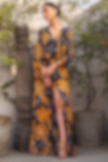Grey & Mustard Pure Crepe Floral Printed Handcrafted Maxi Dress by Varun Bahl