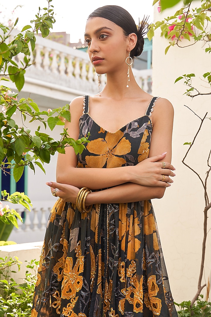 Grey & Mustard Georgette Floral Printed Wedding Sharara Set by Varun Bahl at Pernia's Pop Up Shop