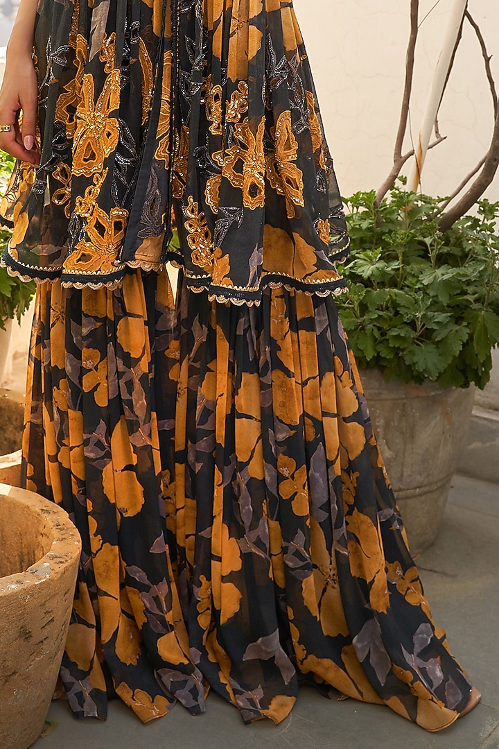 Grey & Mustard Georgette Floral Printed Wedding Sharara Set by Varun Bahl at Pernia's Pop Up Shop