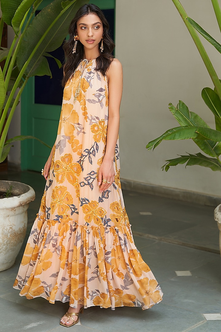Yellow Georgette Floral Printed Tiered Dress by Varun Bahl