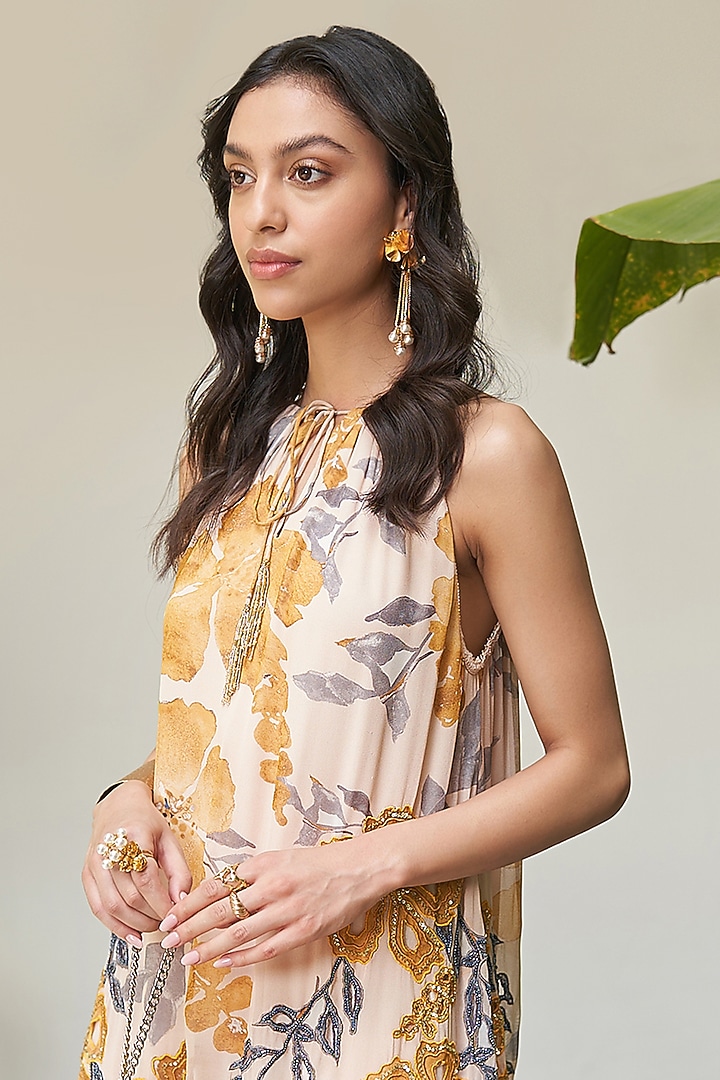 Yellow Georgette Floral Printed Tiered Party Wear Dress by Varun Bahl at Pernia's Pop Up Shop
