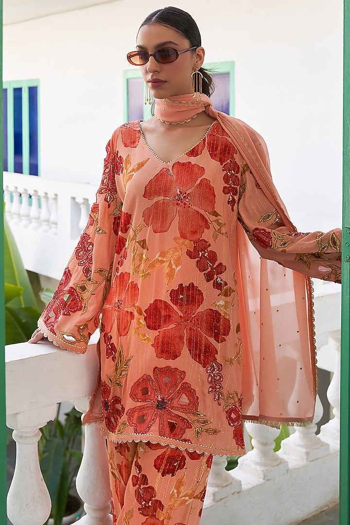 Peach & Orange Crepe Lurex Floral Printed Bridal Sharara Set by Varun Bahl at Pernia's Pop Up Shop