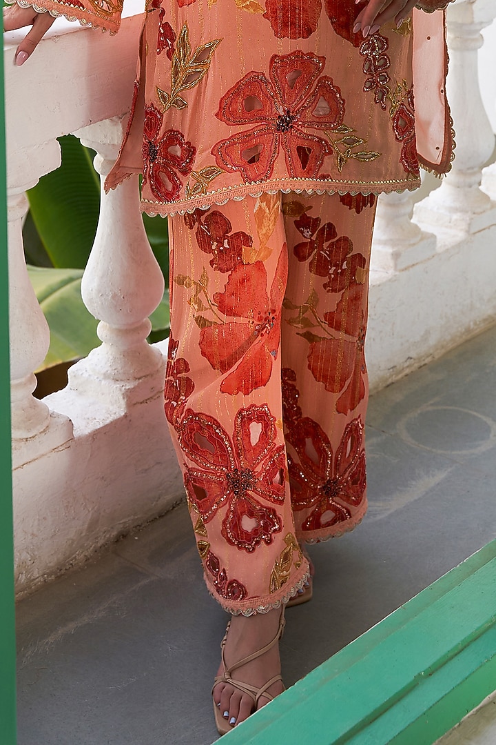 Peach & Orange Crepe Lurex Floral Printed Bridal Sharara Set by Varun Bahl at Pernia's Pop Up Shop