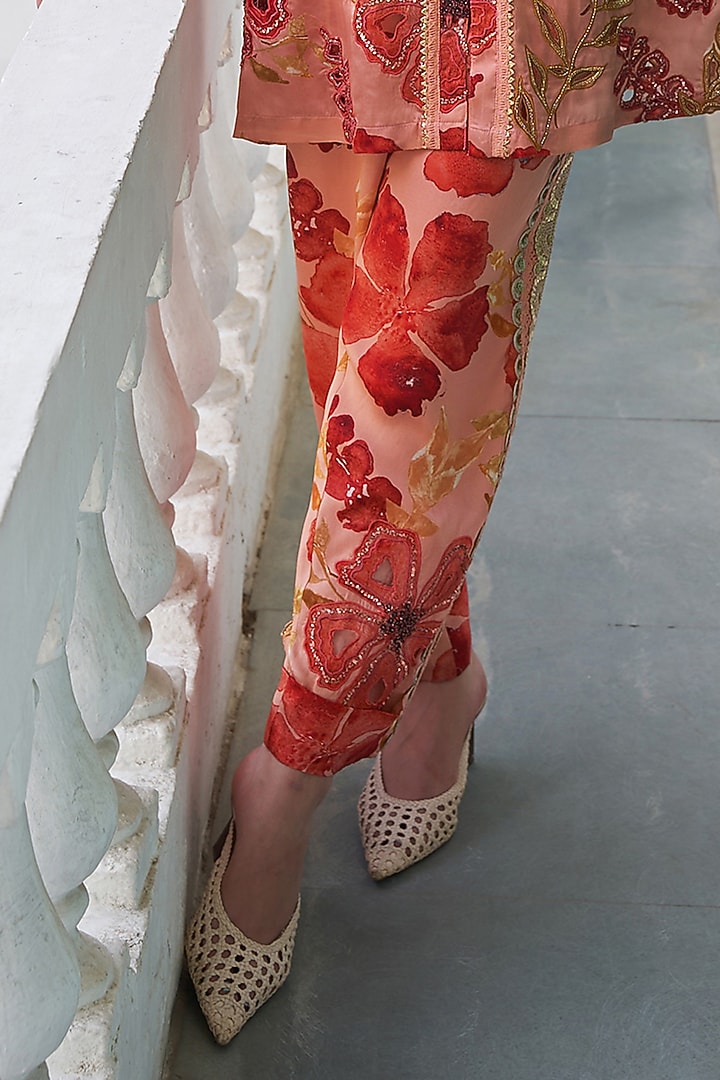 Peach & Orange Cupro Satin Floral Printed Co-Ord Set by Varun Bahl at Pernia's Pop Up Shop