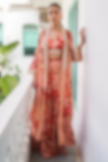 Peach & Orange Georgette Floral Printed Cape Set by Varun Bahl at Pernia's Pop Up Shop
