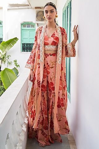 Peach & Orange Georgette Floral Printed Cape Set by Varun Bahl