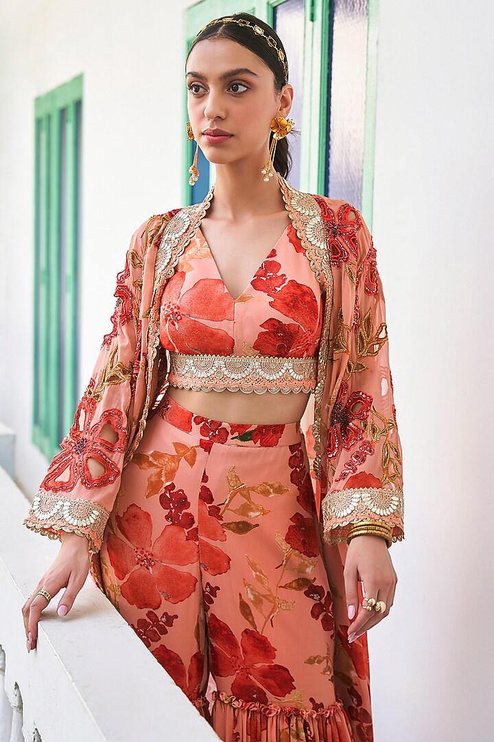 Peach & Orange Georgette Floral Printed Cape Set by Varun Bahl at Pernia's Pop Up Shop
