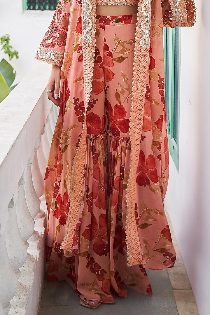 Peach & Orange Georgette Floral Printed Cape Set by Varun Bahl at Pernia's Pop Up Shop