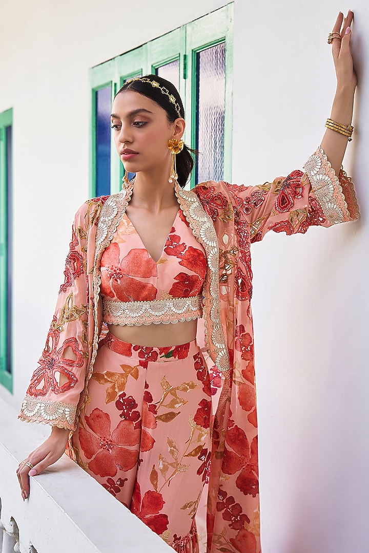 Peach & Orange Georgette Floral Printed Cape Set by Varun Bahl at Pernia's Pop Up Shop