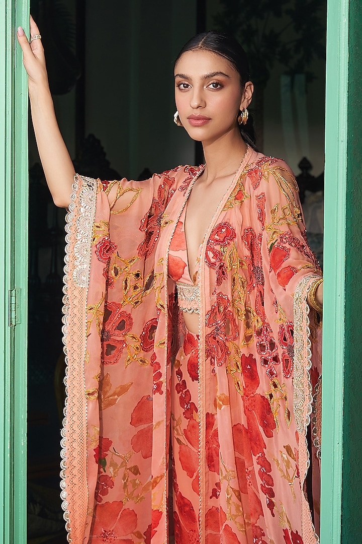 Peach & Orange Viscose Georgette Floral Printed Cape Set by Varun Bahl at Pernia's Pop Up Shop