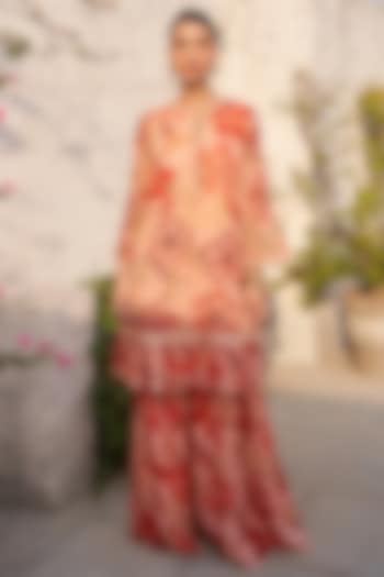 Peach & Orange Georgette Floral Printed Wedding Sharara Set by Varun Bahl at Pernia's Pop Up Shop