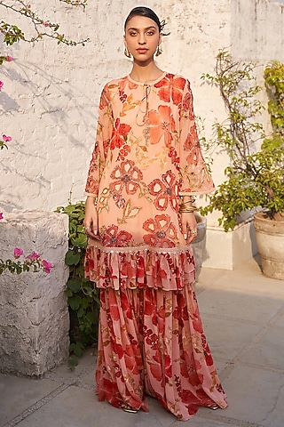 Peach & Orange Georgette Floral Printed Sharara Set by Varun Bahl