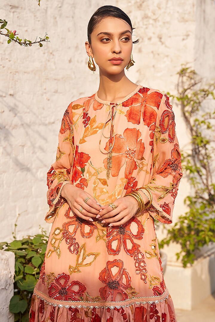 Peach & Orange Georgette Floral Printed Wedding Sharara Set by Varun Bahl at Pernia's Pop Up Shop