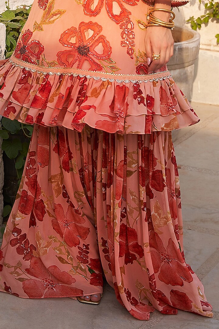 Peach & Orange Georgette Floral Printed Wedding Sharara Set by Varun Bahl at Pernia's Pop Up Shop