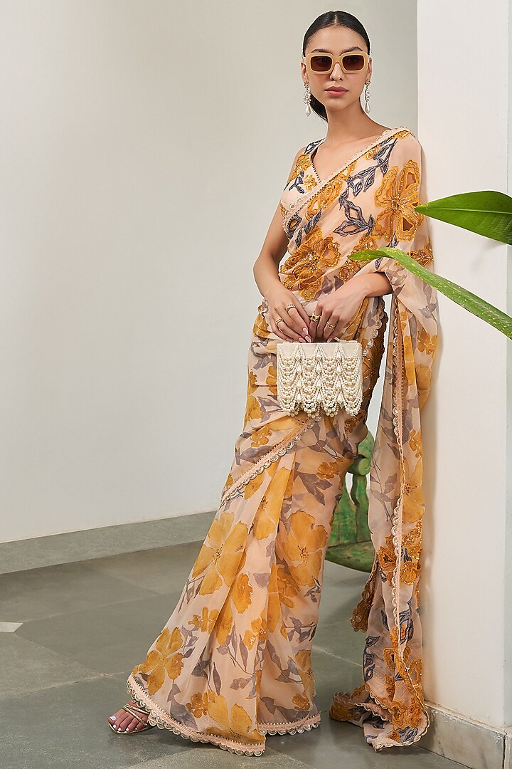 Yellow Viscose Chiffon Floral Printed Saree Set by Varun Bahl at Pernia's Pop Up Shop