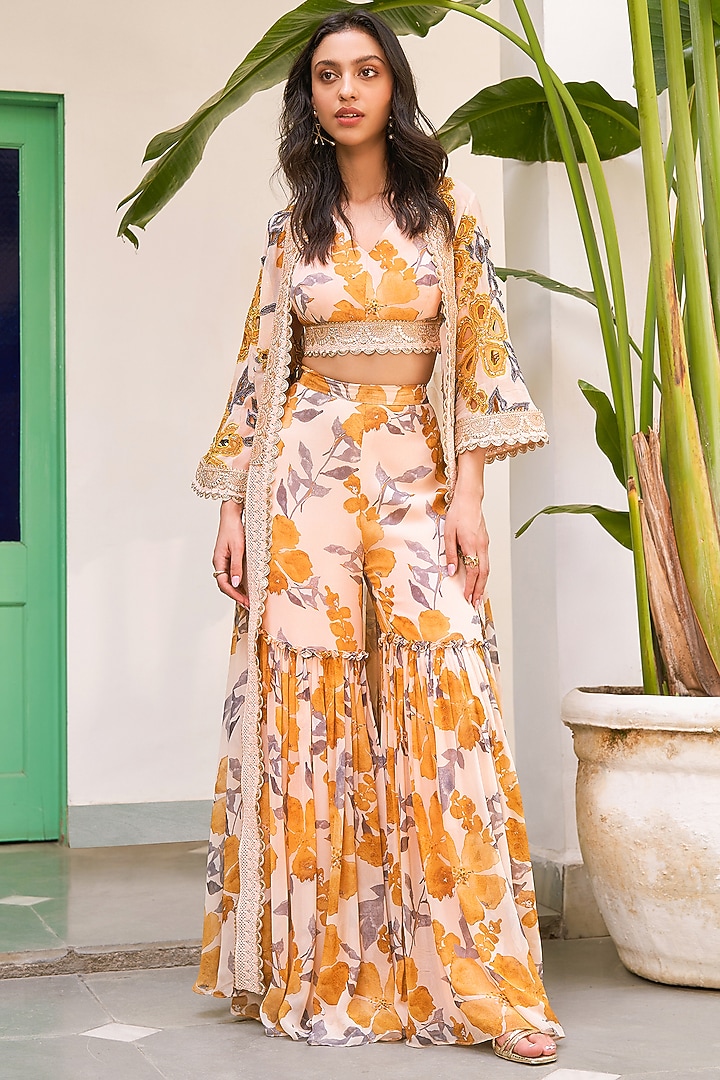 Yellow Georgette Floral Printed Cape Set by Varun Bahl at Pernia's Pop Up Shop
