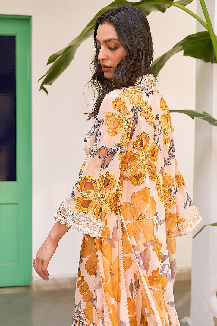 Yellow Georgette Floral Printed Cape Set by Varun Bahl at Pernia's Pop Up Shop