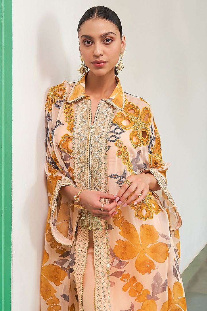 Yellow Georgette Floral Printed Tunic Set by Varun Bahl at Pernia's Pop Up Shop