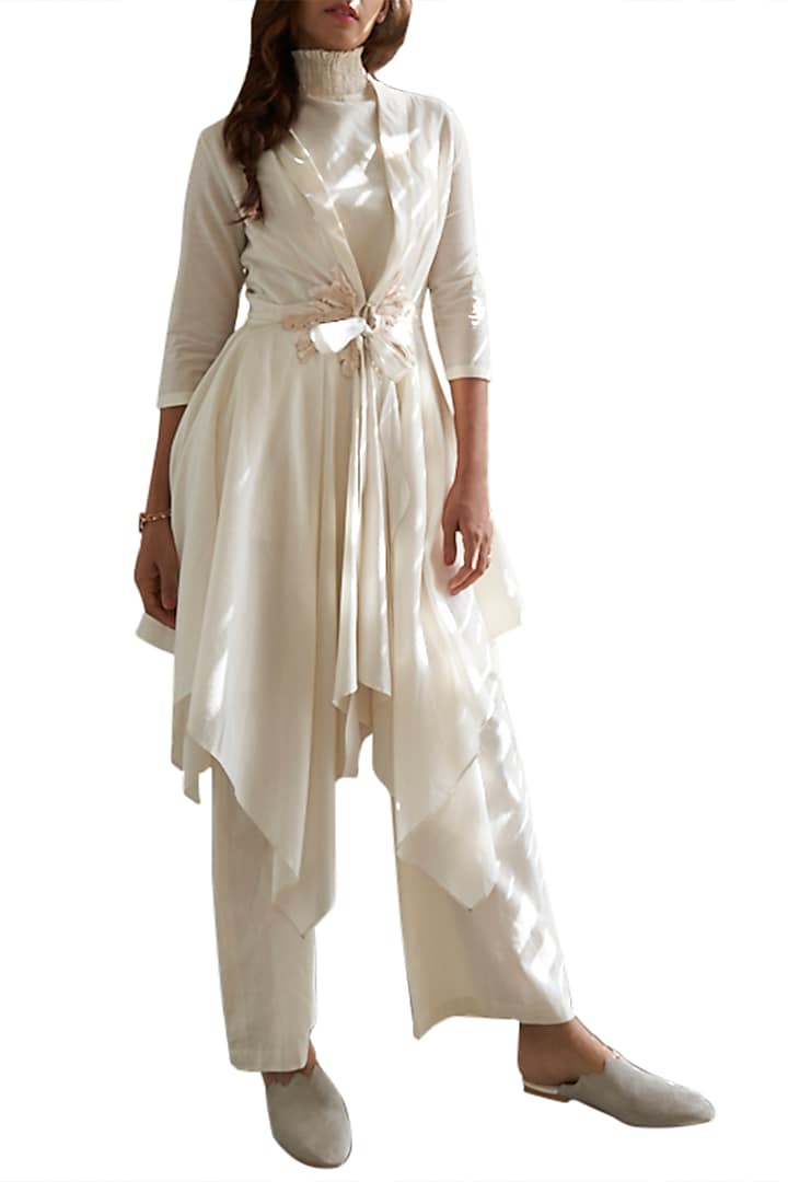 Ivory Tie-Up Jacket With Tunic & Pants by Varun Bahl