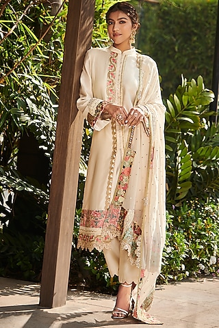 Ivory Chanderi Kurta Set by Varun Bahl