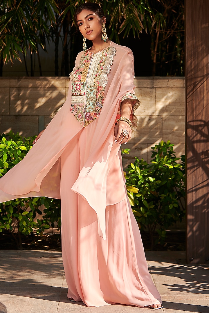 Peach Georgette Wedding Sharara Set by Varun Bahl at Pernia's Pop Up Shop