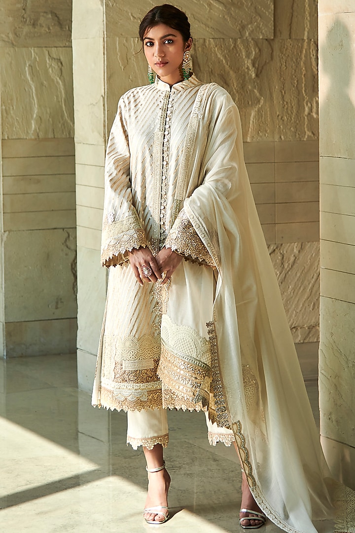 Ivory & Gold Chanderi Front Open Kurta Set by Varun Bahl