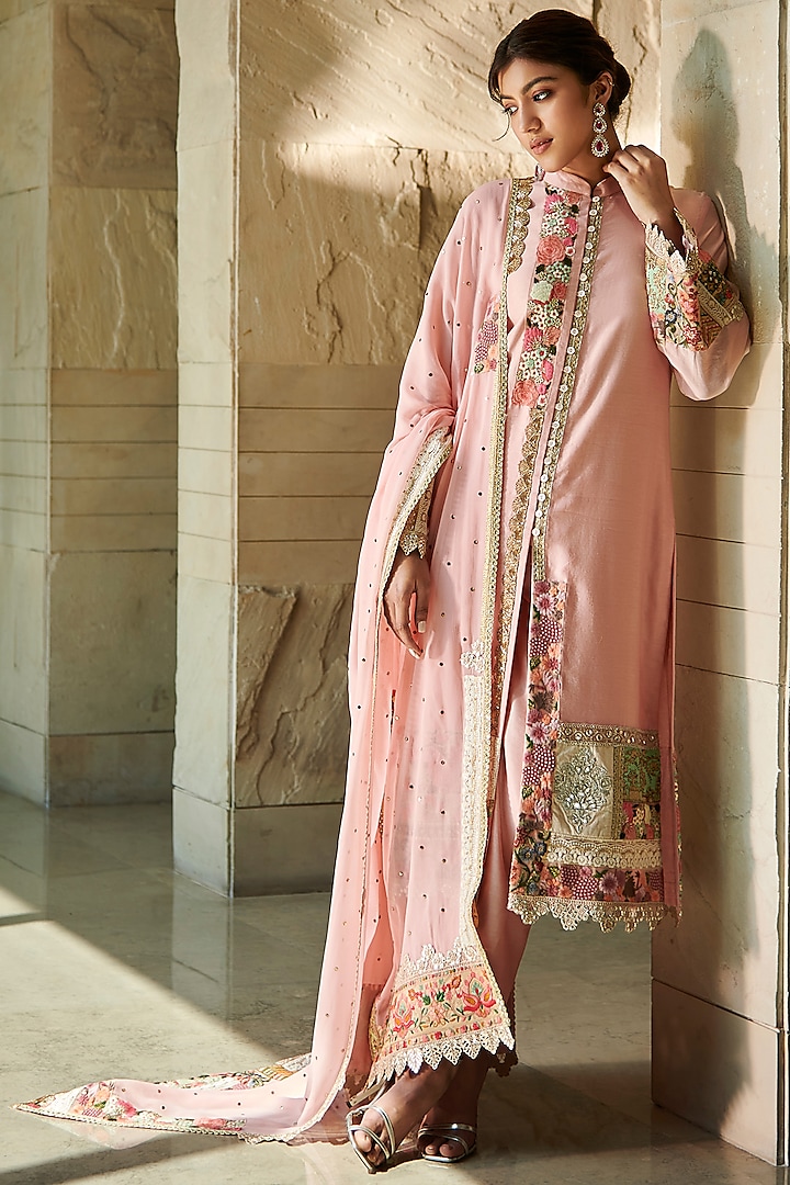 Peach Chanderi Kurta Set by Varun Bahl