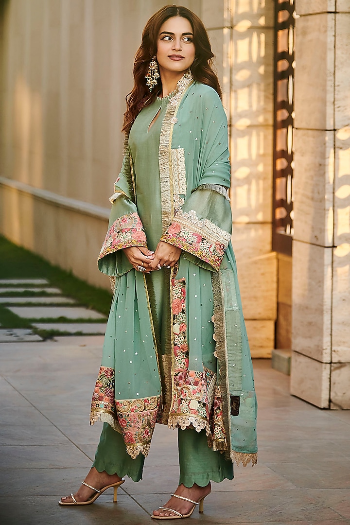 Mint Green Chanderi Kurta Set by Varun Bahl