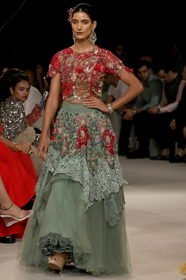 Sage Green Embroidered Skirt Set by Varun Bahl at Pernia's Pop Up Shop