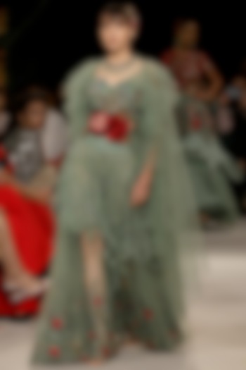 Sage Green Floral Embroidered Skirt Set by Varun Bahl at Pernia's Pop Up Shop