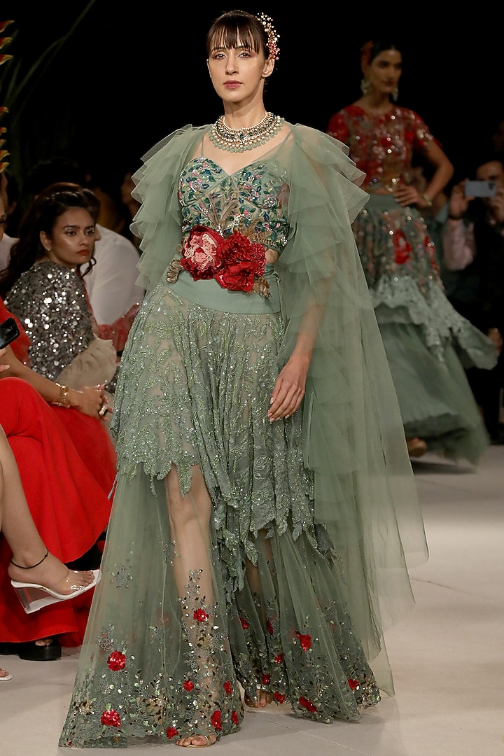 Sage Green Floral Embroidered Skirt Set by Varun Bahl at Pernia's Pop Up Shop