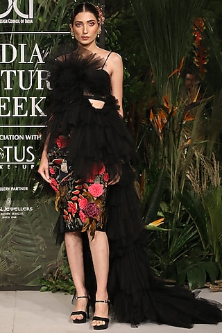Black Embroidered Pencil Skirt Set by Varun Bahl