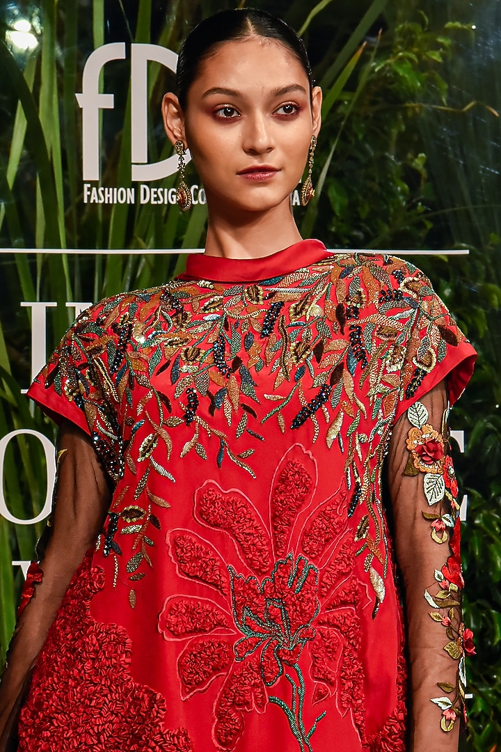 Fuchsia Pink Embroidered Party Wear Dress by Varun Bahl at Pernia's Pop Up Shop