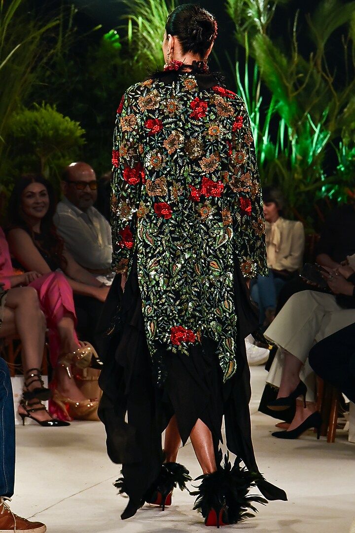 Black Viscose Crepe & Tulle Embroidered Jacket Party Wear Dress
 by Varun Bahl at Pernia's Pop Up Shop