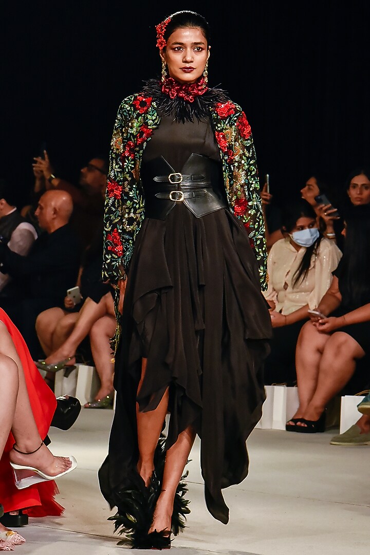 Black Viscose Crepe & Tulle Embroidered Jacket Party Wear Dress
 by Varun Bahl at Pernia's Pop Up Shop