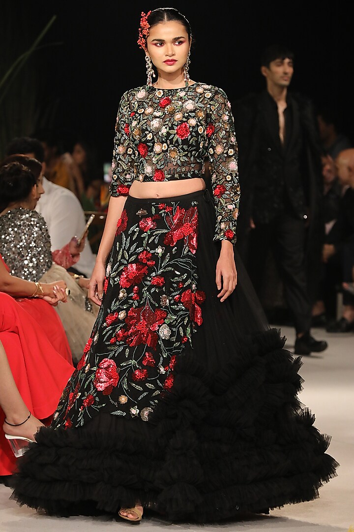 Black Ruffled Skirt Set With Embroidery by Varun Bahl
