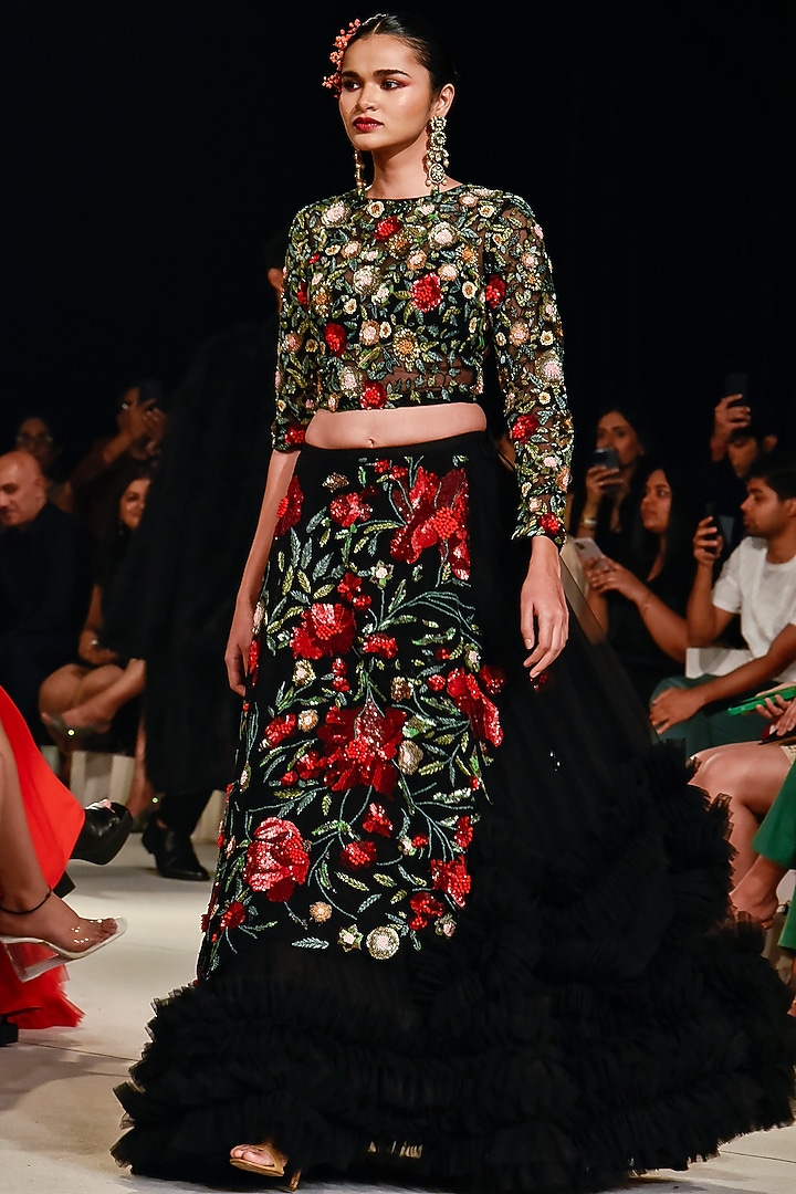Black Ruffled Skirt Set With Embroidery by Varun Bahl at Pernia's Pop Up Shop