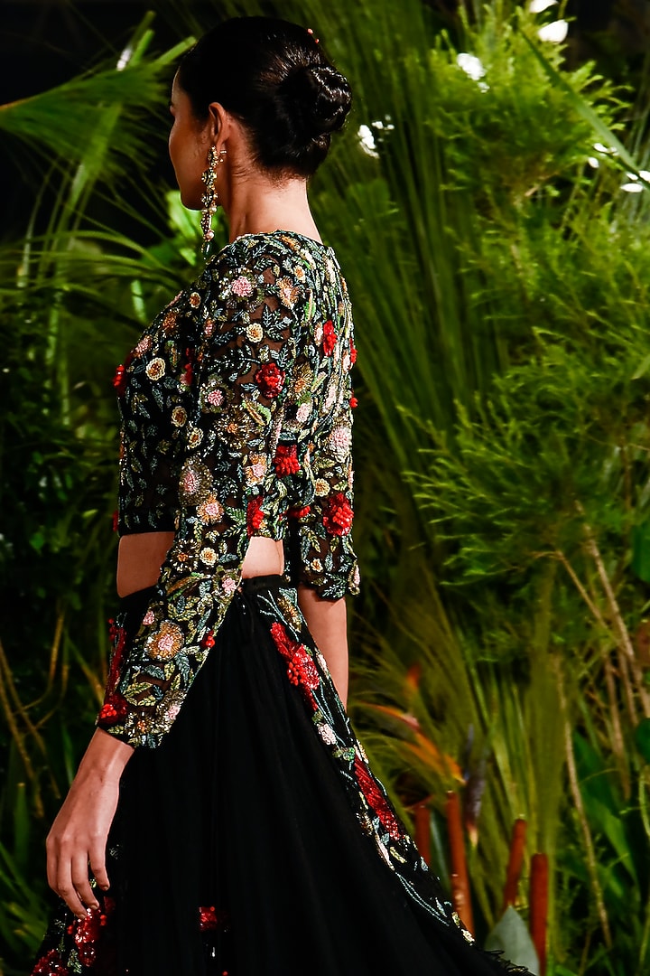 Black Ruffled Skirt Set With Embroidery by Varun Bahl at Pernia's Pop Up Shop