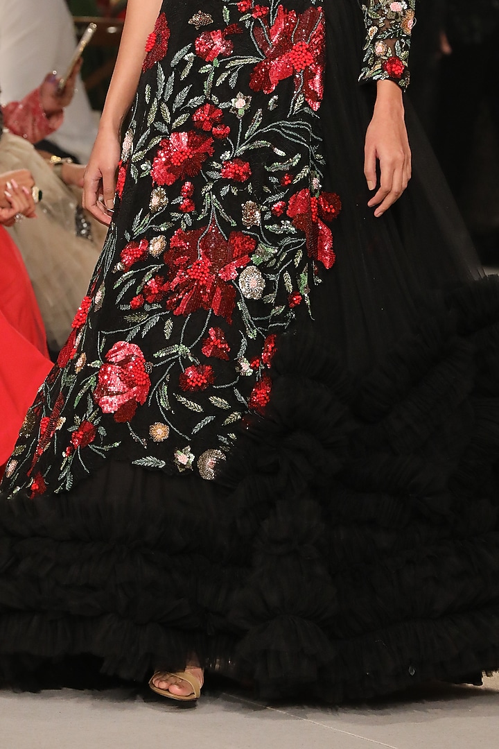 Black Ruffled Skirt Set With Embroidery by Varun Bahl at Pernia's Pop Up Shop