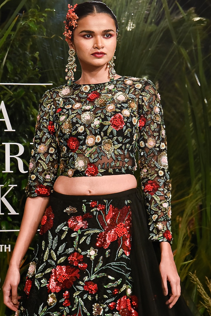 Black Ruffled Skirt Set With Embroidery by Varun Bahl at Pernia's Pop Up Shop