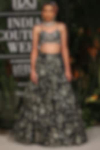 Midnight Blue Floral Printed Bridal Lehenga Set by Varun Bahl at Pernia's Pop Up Shop