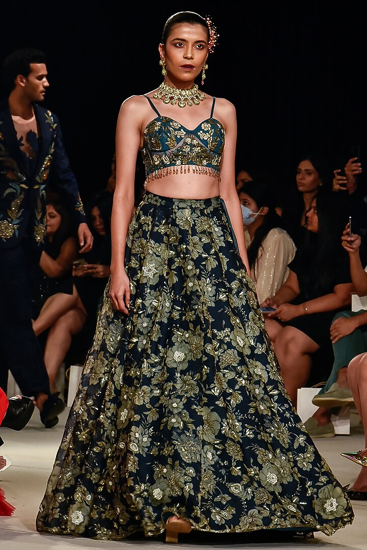 Midnight Blue Floral Printed Bridal Lehenga Set by Varun Bahl at Pernia's Pop Up Shop