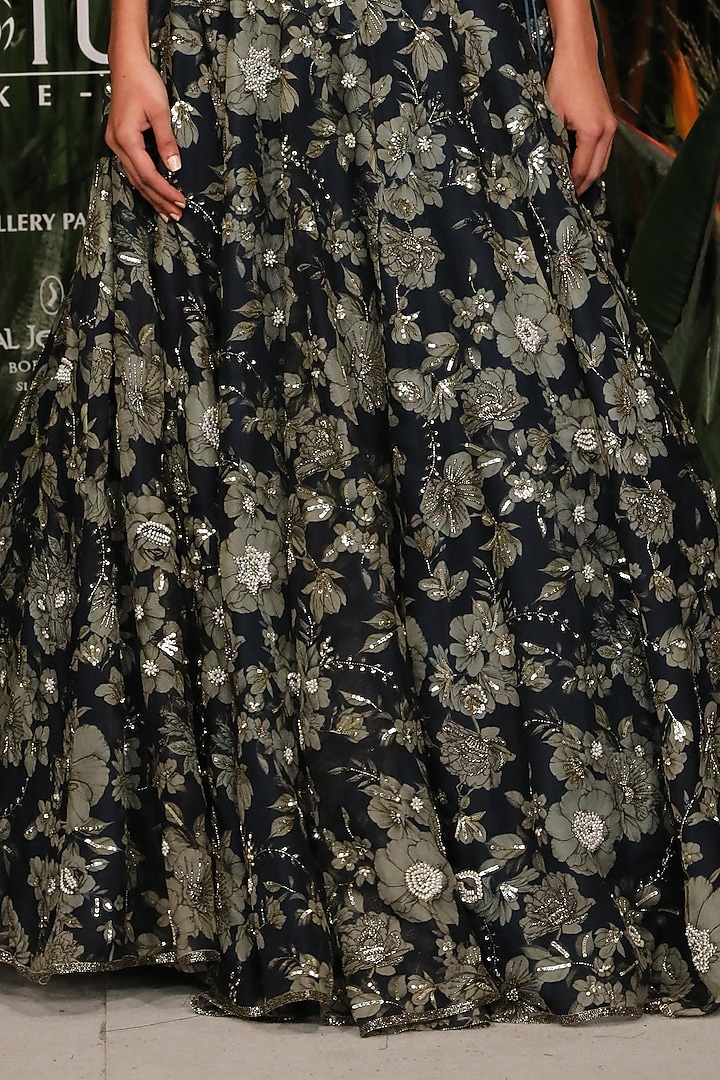 Midnight Blue Floral Printed Bridal Lehenga Set by Varun Bahl at Pernia's Pop Up Shop