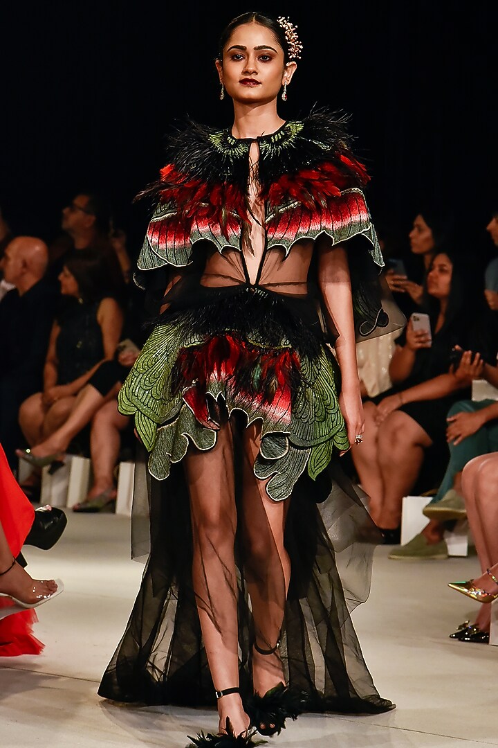 Black Tulle Embroidered Party Wear Dress by Varun Bahl at Pernia's Pop Up Shop